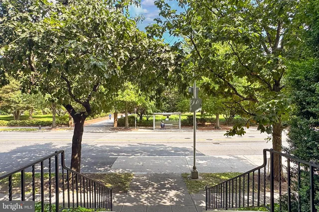 a view of a street with a bench and trees