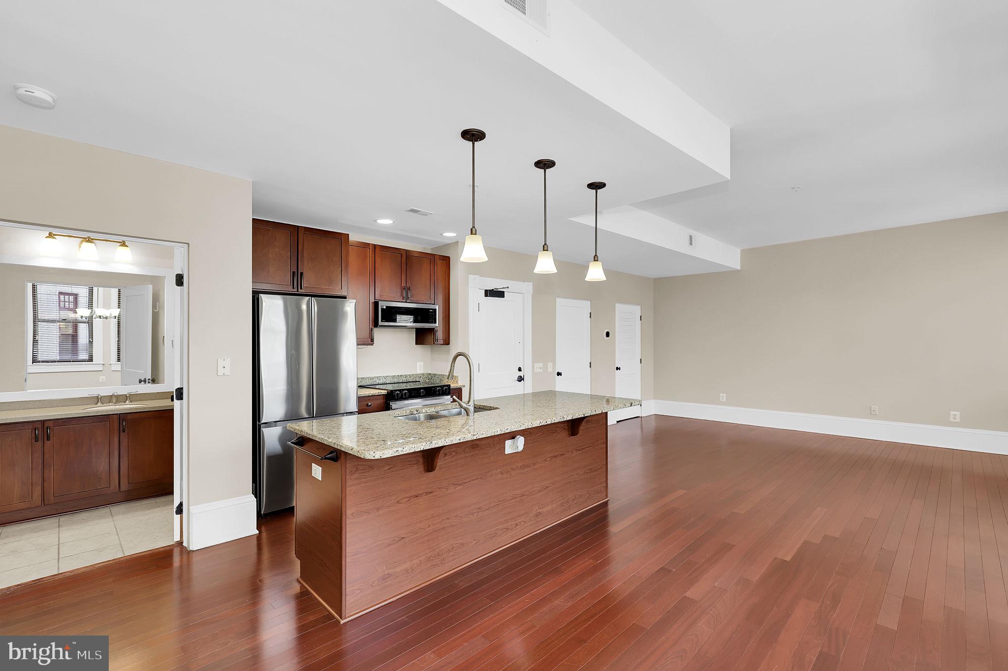 9610 Dewitt Drive, Unit SH205 Silver Spring, MD 20910 - Photo 11 of 59 a large kitchen with stainless steel appliances a large counter top a sink a refrigerator and a fireplace