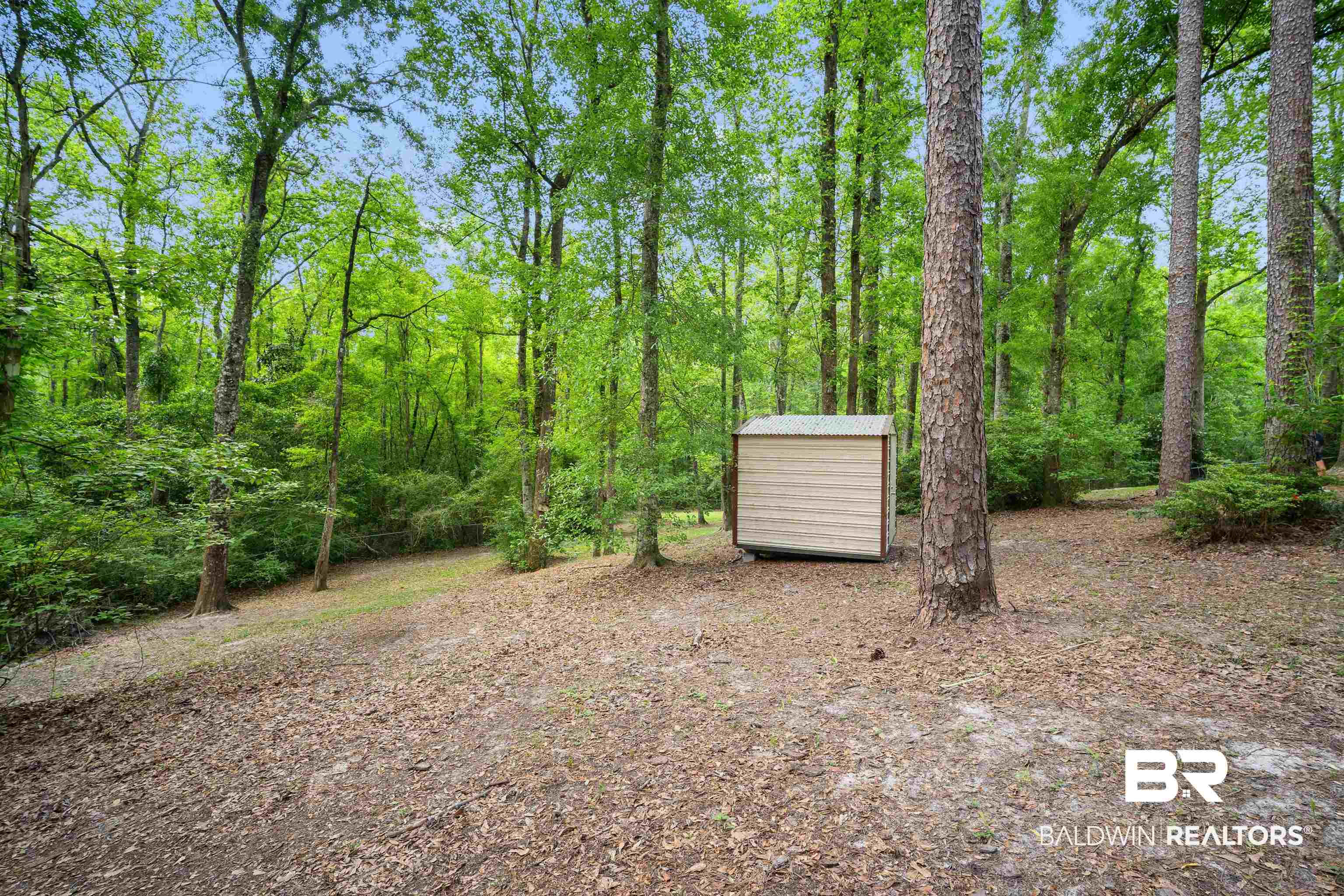 2823 Woodland Road Mobile, AL 36693 - Photo 27 of 29 View of yard featuring an outbuilding, a storage shed, and a wooded view
