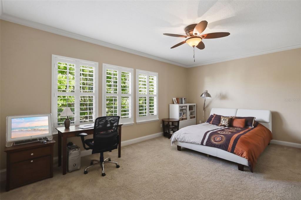 907 Pawstand Road Celebration, FL 34747 - Photo 29 of 49 a spacious bedroom with a bed and a chandelier