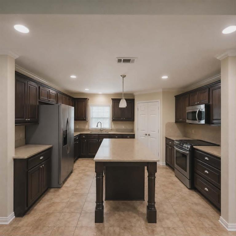 14752 Ranch Road Forney, TX 75126 - Photo 10 of 40 Kitchen featuring dark wood cabinetry, light-toned countertops, and stainless steel appliances-This photo was taken before family moved in