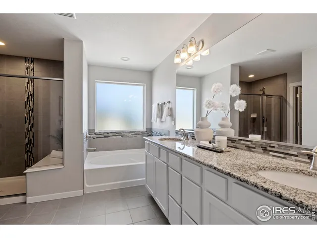 a bathroom with a tub a double vanity sink and mirror