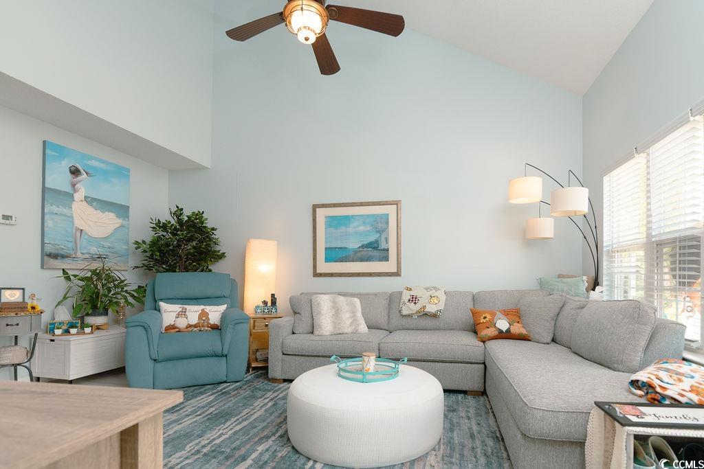 821 Sheridan Road, Unit 821 Myrtle Beach, SC 29579 - Photo 3 of 40 Living room with ceiling fan and high vaulted ceil