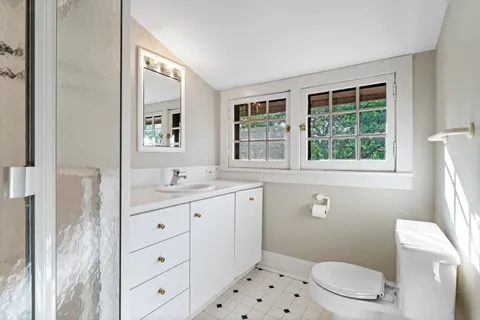 a bathroom with a sink a toilet a window and shower