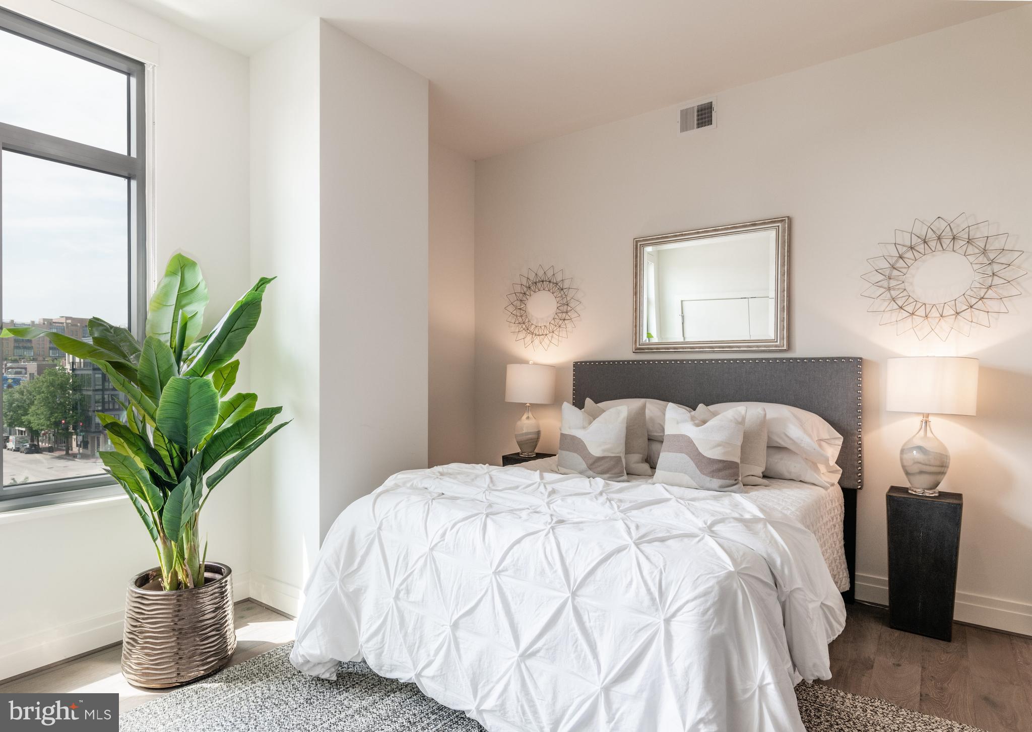 810 O Street Northwest, Unit 706 Washington, DC 20001 - Photo 29 of 48 a bedroom with a large bed and a potted plant