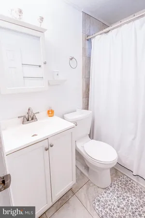a bathroom with a sink a toilet and shower curtain