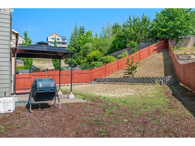 a backyard of a house with table and chairs