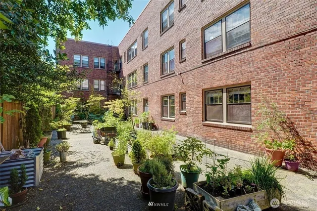 a view of a chairs and table in a backyard