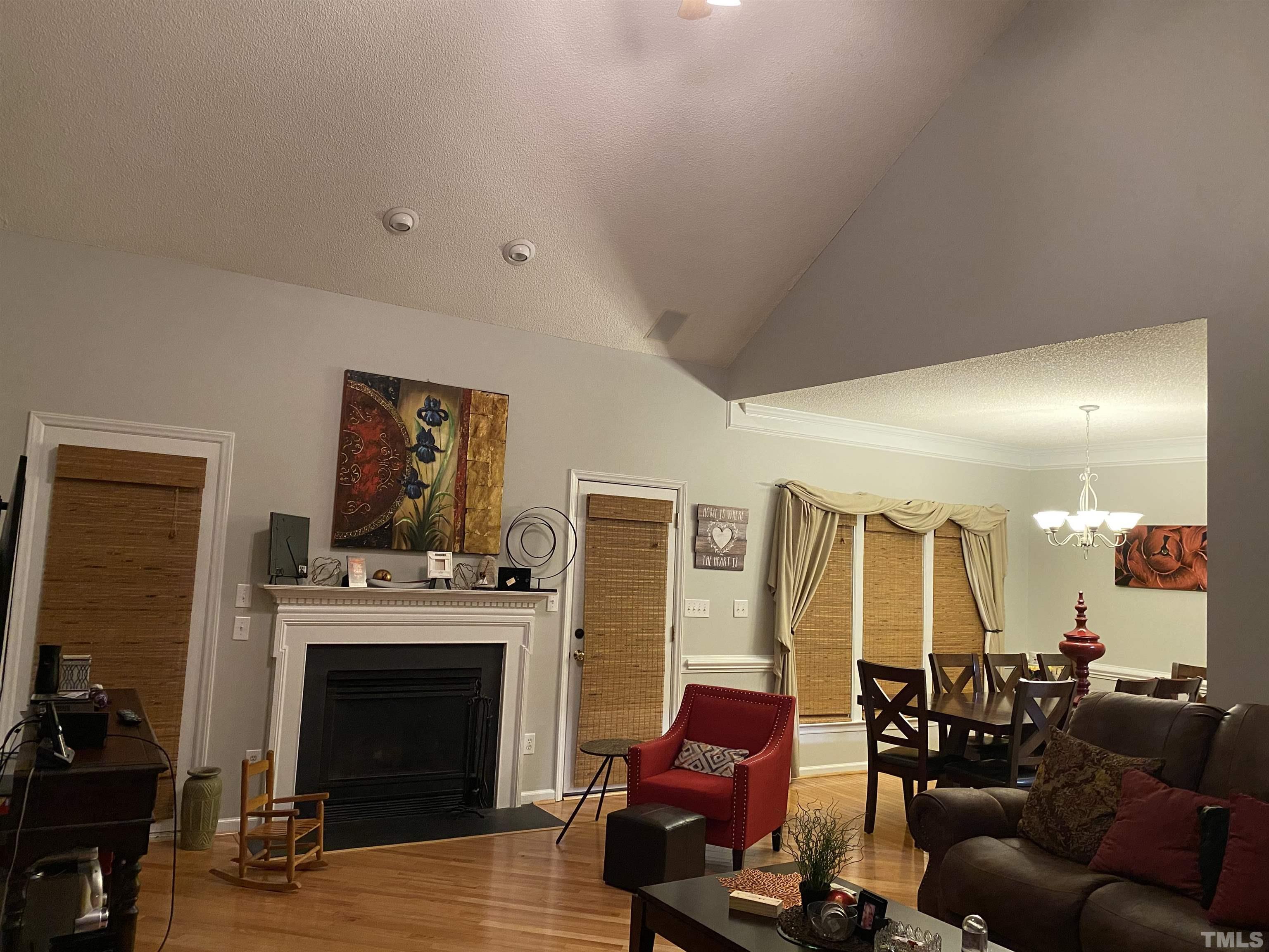 6901 Brigmore Court Raleigh, NC 27617 - Photo 5 of 25 a living room with furniture a large window and a fireplace