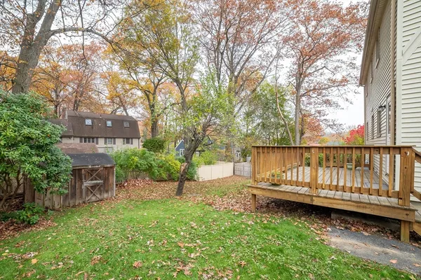a view of a bench in a backyard