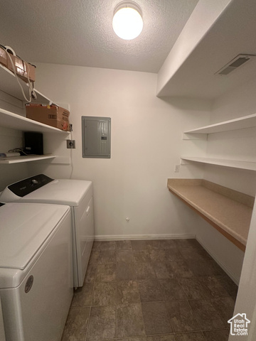 8196 North Cedar Springs Road, Unit 2 Eagle Mountain, UT 84005 - Photo 18 of 22 Laundry area featuring electric panel, a textured ceiling, and washing machine and dryer