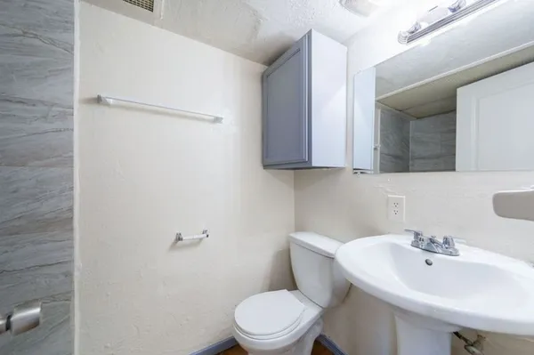 a bathroom with a sink a toilet and mirror