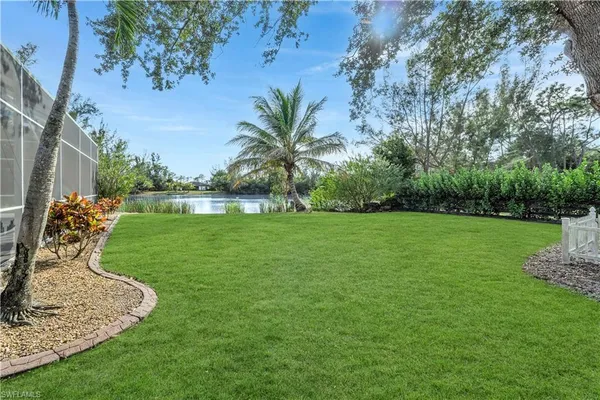 a view of a garden with a fountain