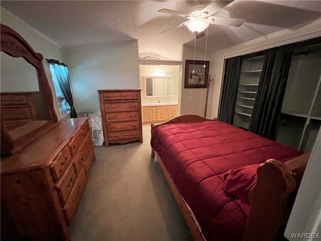 2336 South Rease Road Kingman, AZ 86401 - Photo 16 of 41 Carpeted bedroom featuring ensuite bath, vaulted ceiling, ceiling fan, and a textured ceiling