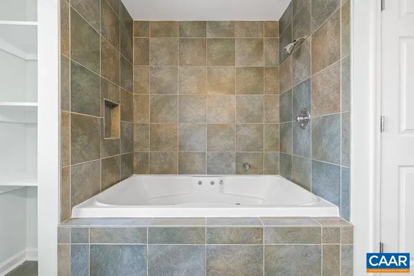 a bathroom with a bath tub