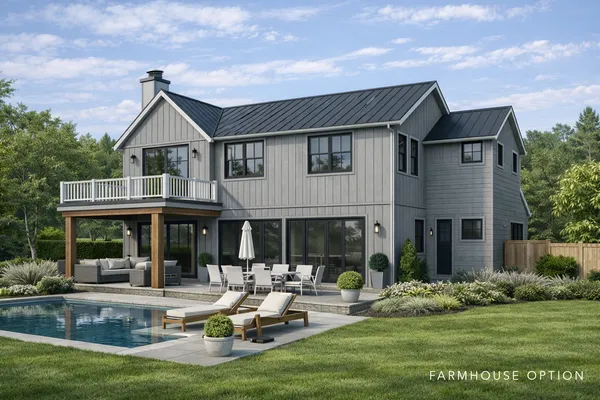 a front view of a house with swimming pool and porch