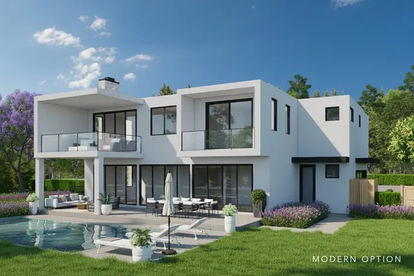 a front view of a house with sitting area and garden