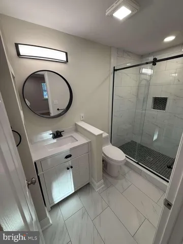 a bathroom with a sink mirror vanity and toilet