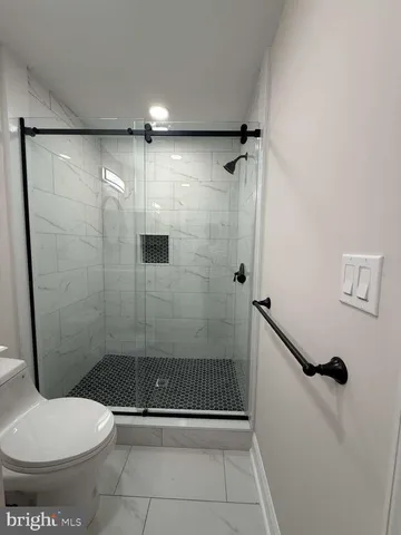 a bathroom with a shower and a toilet