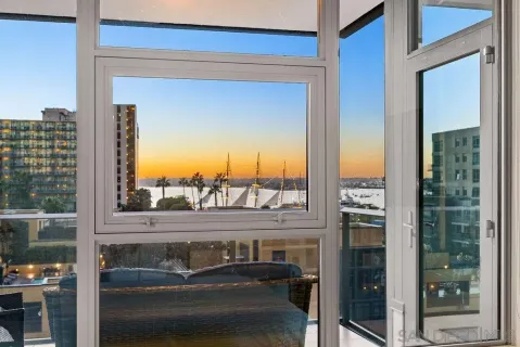 a view of a balcony from a door