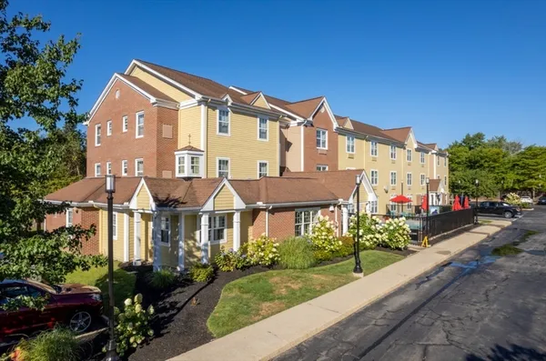 a front view of a house with a yard and potted plants