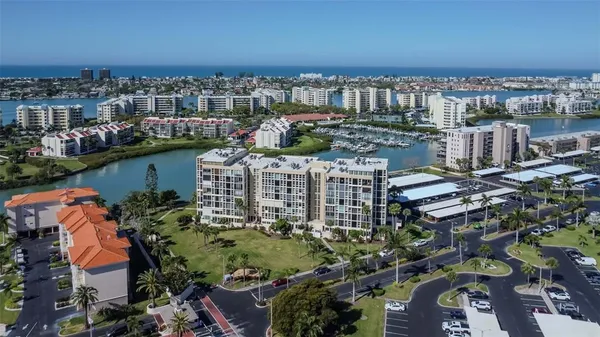 a view of a lake with a city