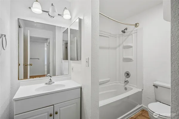 a bathroom with a sink a toilet and a mirror a bathtub