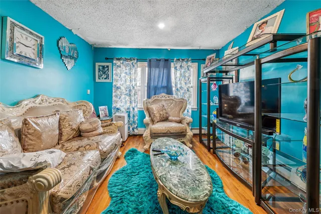 a living room with furniture a rug and a floor to ceiling window