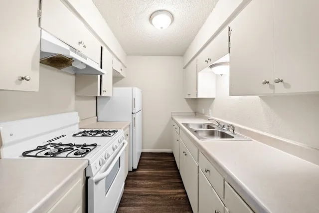 a kitchen with a stove and a refrigerator