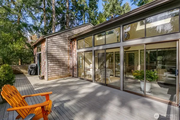 a view of backyard with large trees and wooden fence