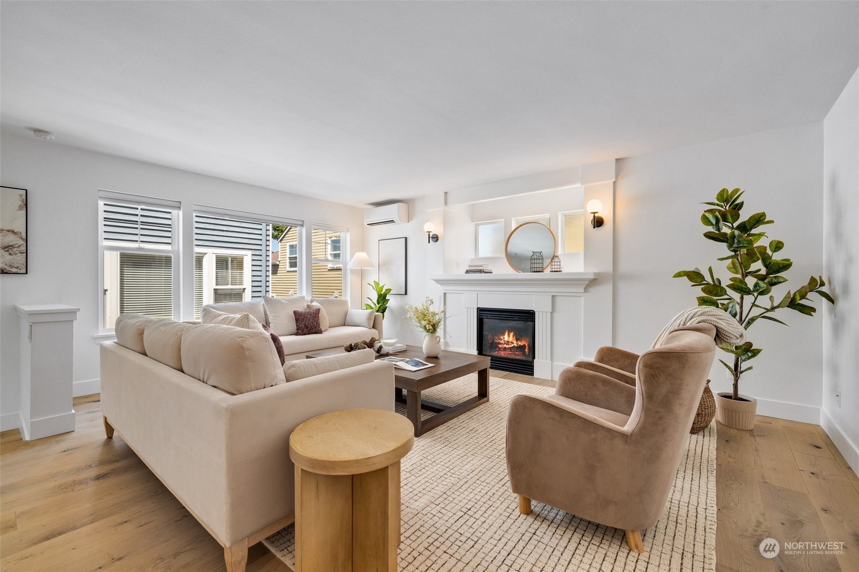 3613 22nd Avenue West, Unit B Seattle, WA 98199 - Photo 8 of 35 a living room with furniture a fireplace and a potted plant
