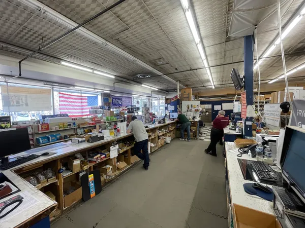 a view of a storage room with racks