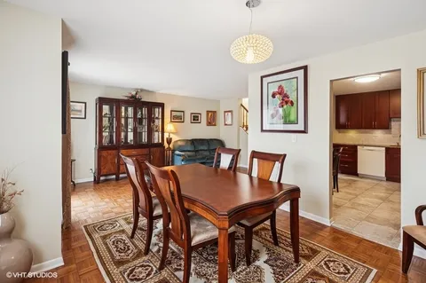 a view of a dining room with furniture