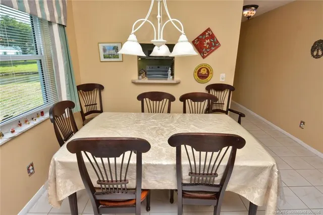 a view of a dining room with furniture and window