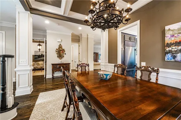 a view of a dining room with furniture