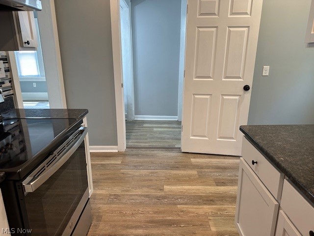 1388 Brookline Road Cleveland, OH 44121 - Photo 16 of 30 Kitchen with light hardwood / wood-style floors, stainless steel electric range oven, white cabinets, and ventilation hood