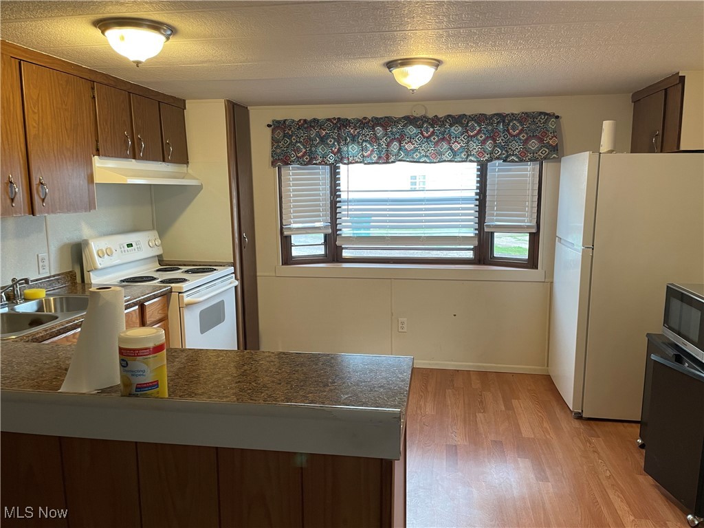 9329 Infirmary Road, Unit C13 Mantua, OH 44255 - Photo 3 of 9 Kitchen featuring white appliances, under cabinet range hood, light wood finished floors, a peninsula, and dark countertops