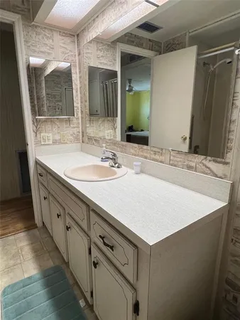 a bathroom with a sink and a mirror