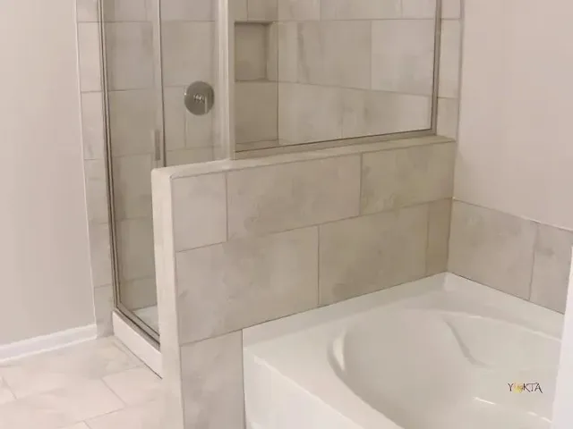 a bathroom with a bathtub