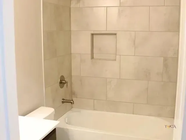 a bathroom with a bathtub