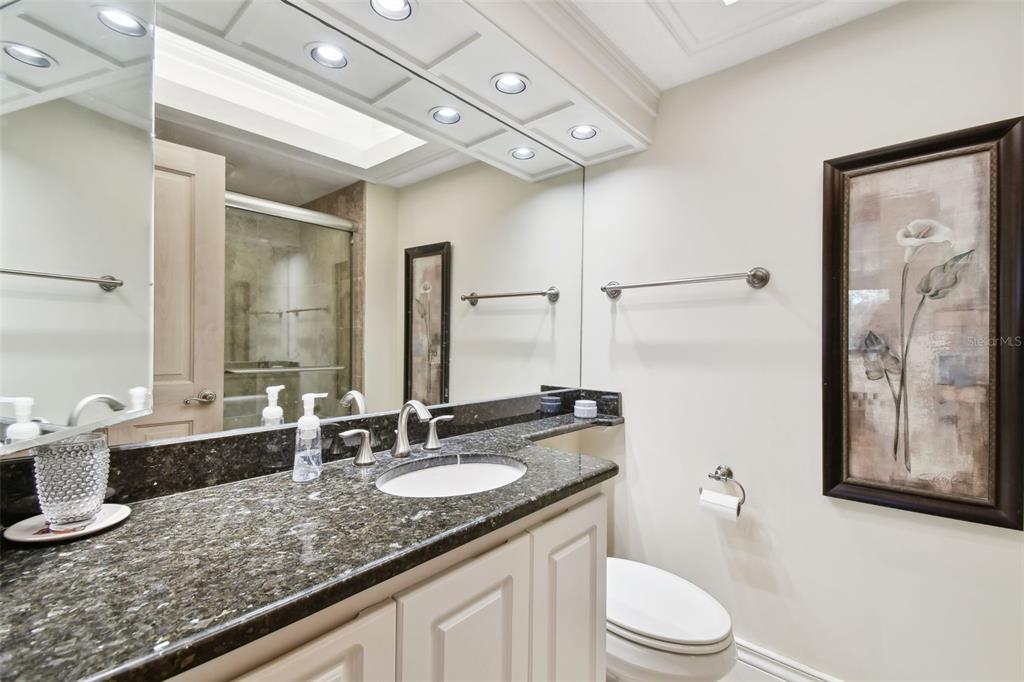 36750 US Highway 19 North, Unit 22207 Palm Harbor, FL 34683 - Photo 20 of 50 a bathroom with a granite countertop sink a toilet a mirror and shower