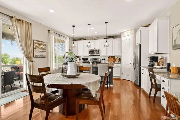 a view of a dining room with furniture window and wooden floor