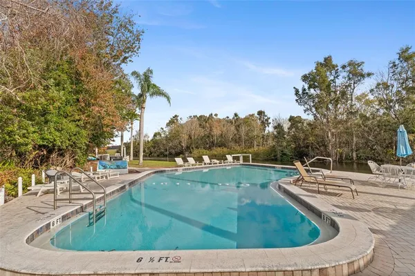 a small pool with some trees in the background
