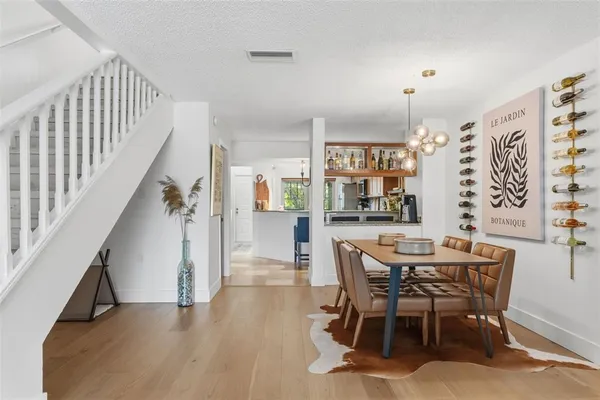a view of a dining room with furniture