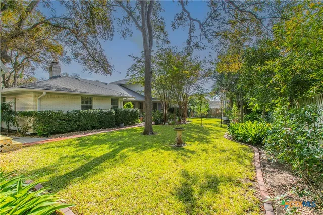 a view of a garden with a bench and trees