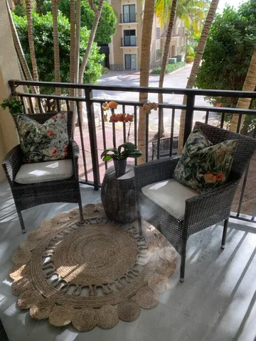 a building outdoor space with seating