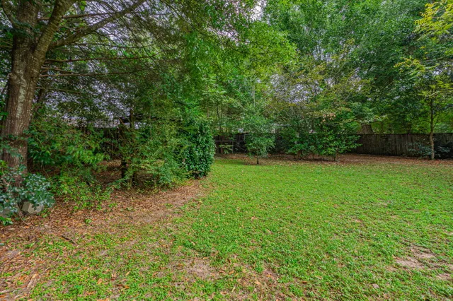 a view of a green field with trees in the background