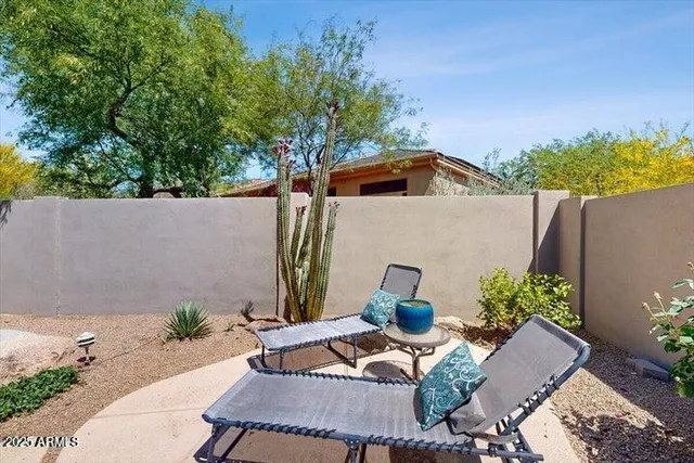 a backyard of a house with table and chairs potted plants and large tree