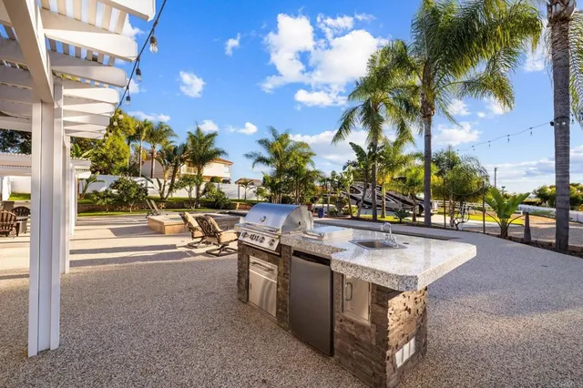 a view of a parking space with potted plants