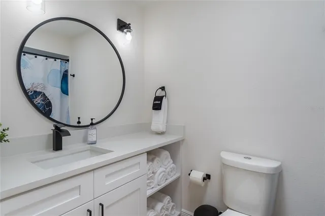 a bathroom with a sink mirror and toilet